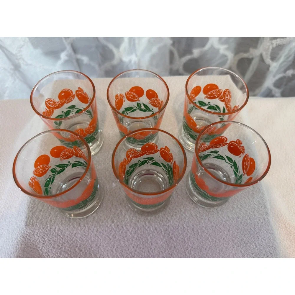 Vintage Orange Citrus Juice Glasses Set of 6 Retro Fruit Pattern Small Tumblers